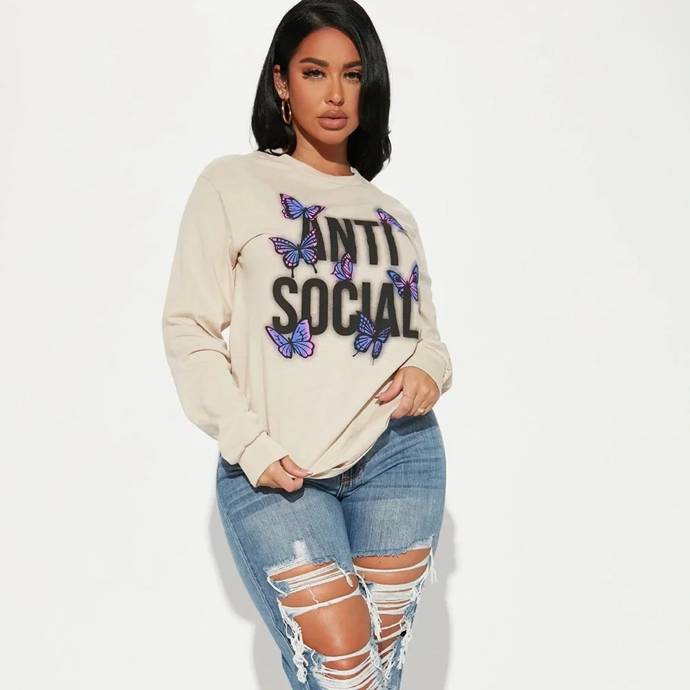 •Anti Social• Graphic Long Sleeve Butterfly Design Taupe Crew Neck T-Shirt - Picture 1 of 3